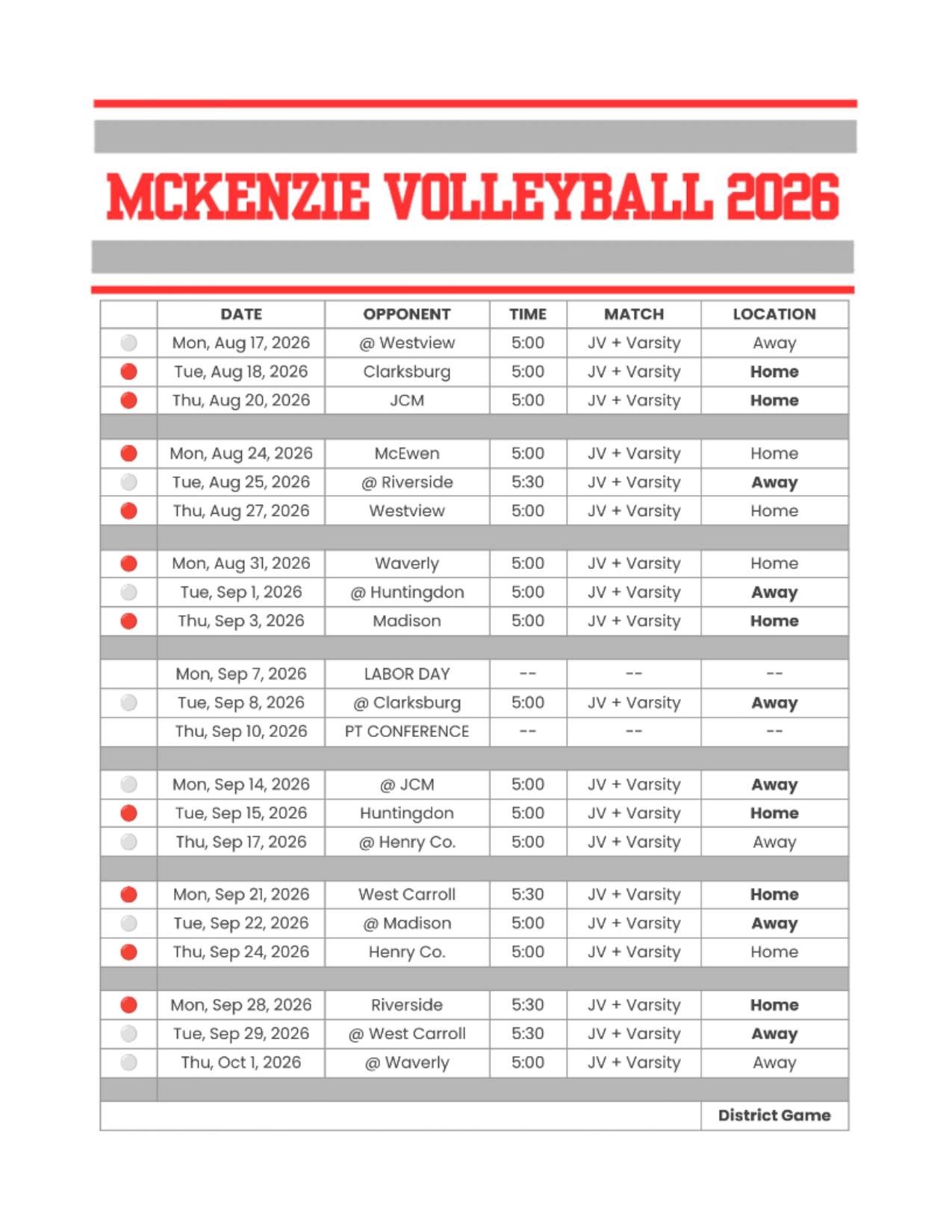 MHS Volleyball Schedule 2026