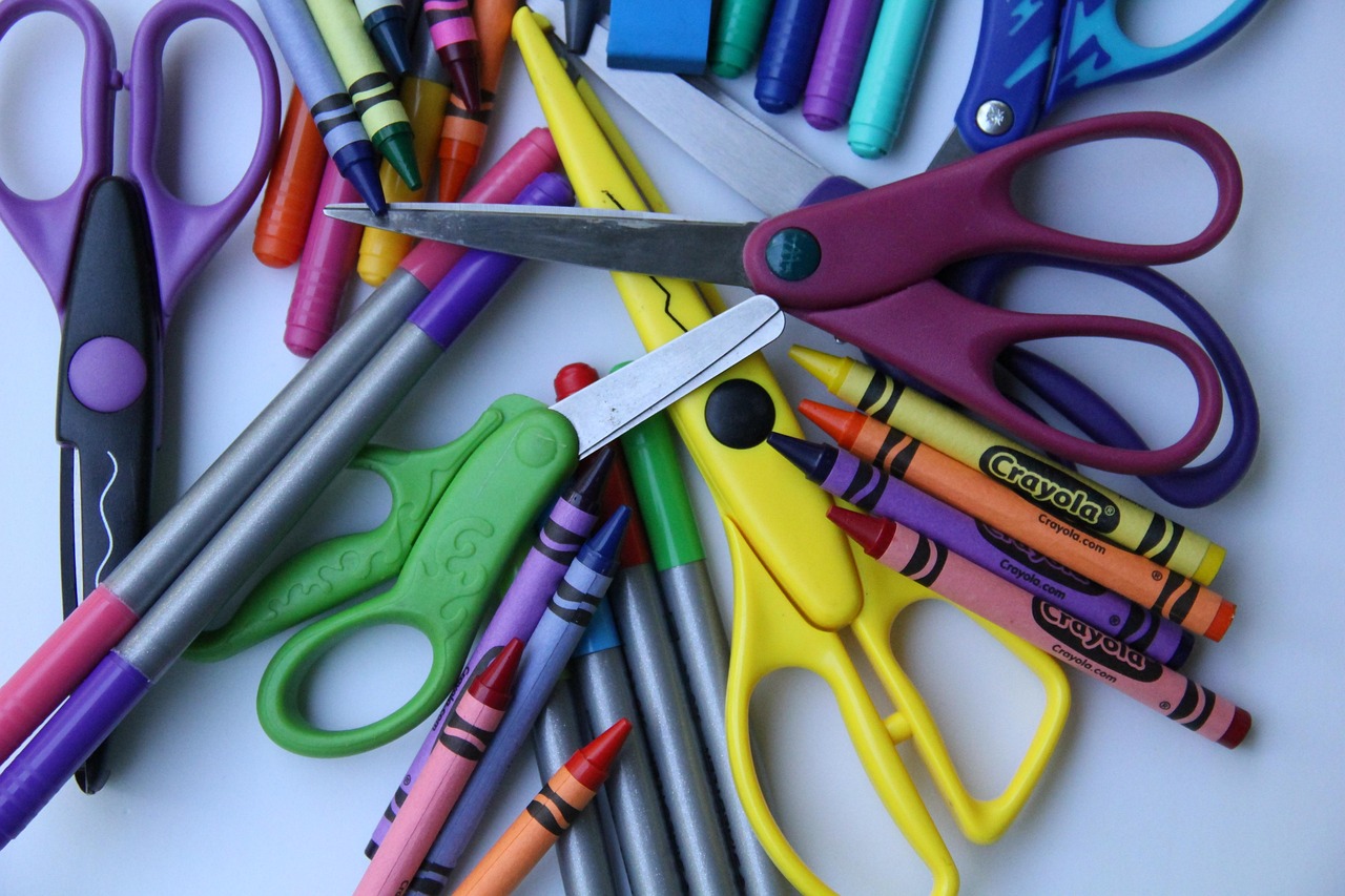 scissors, pens and crayons