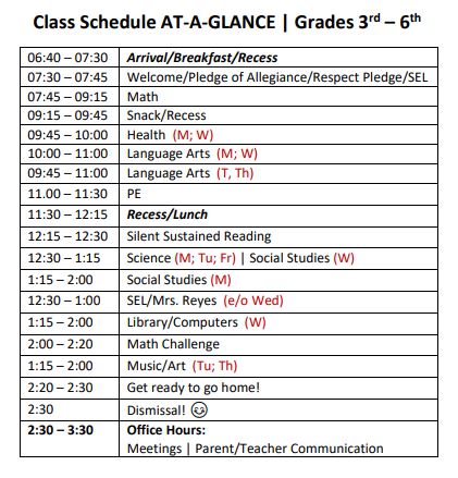 At-A-Glance 2024/2025 Class Schedule | Grades 3 - 6