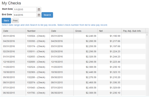 ESS view individual paycheck stubs screenschot