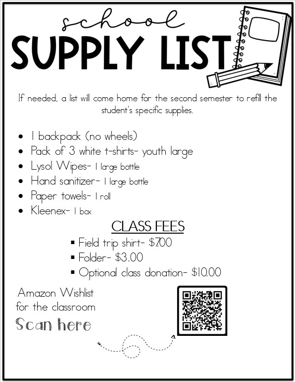 Miss Holena's supply list