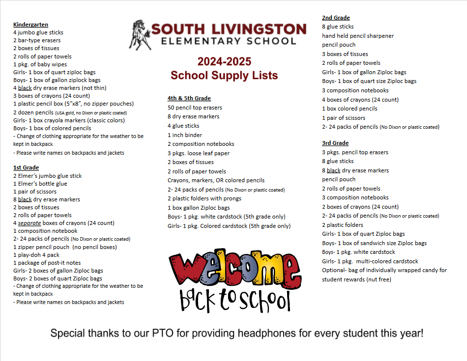 23&24 South Livingston Elementary School School Supply List 