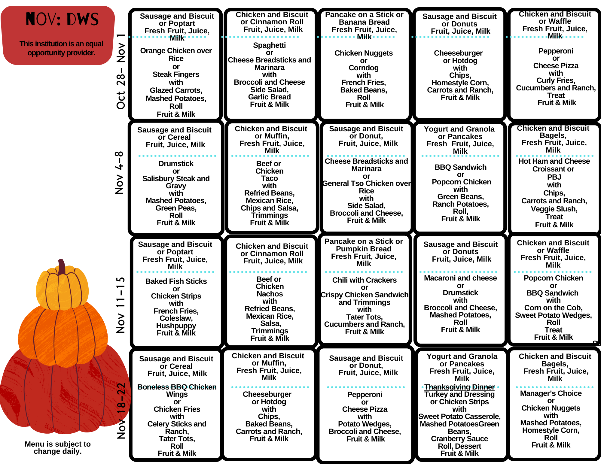 School Menu for Nov