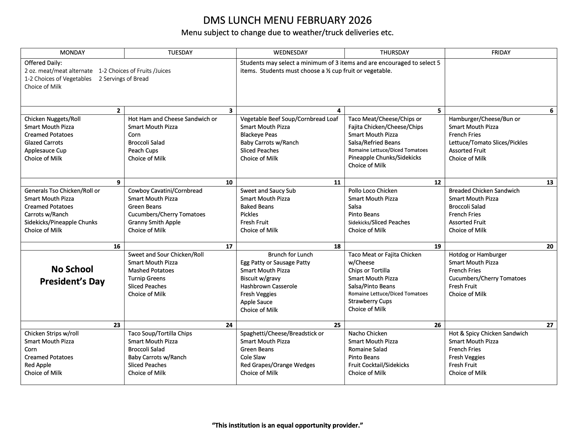 February Lunch Menu