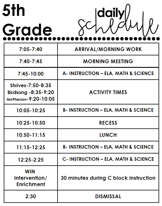 5th Grade Class Schedule 
