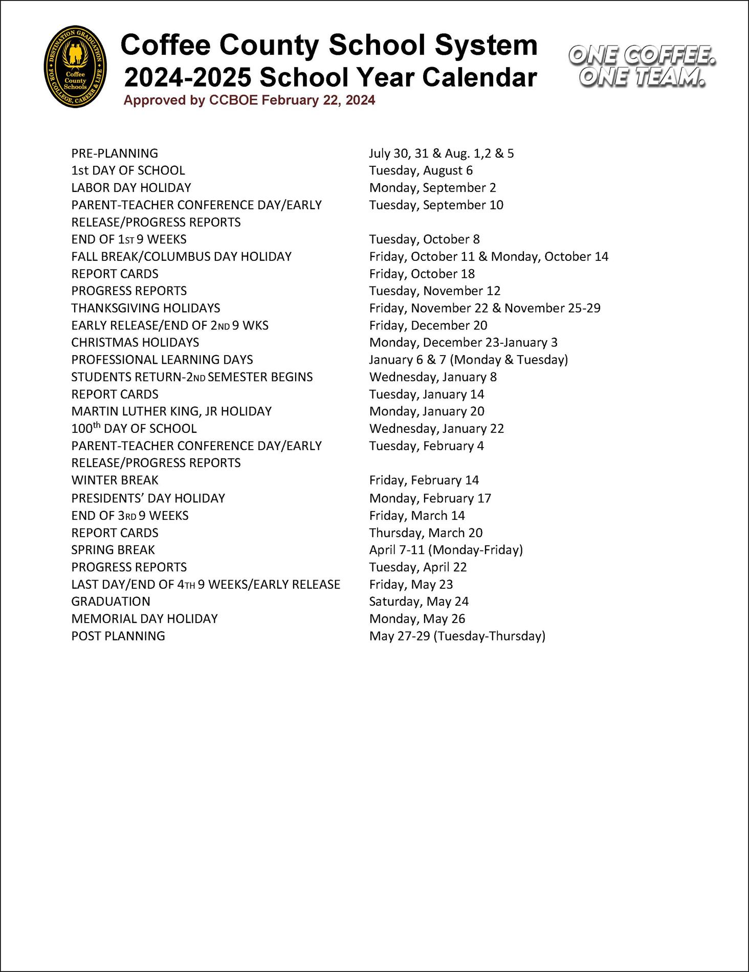 Coffee County School Calendar 2025-2025