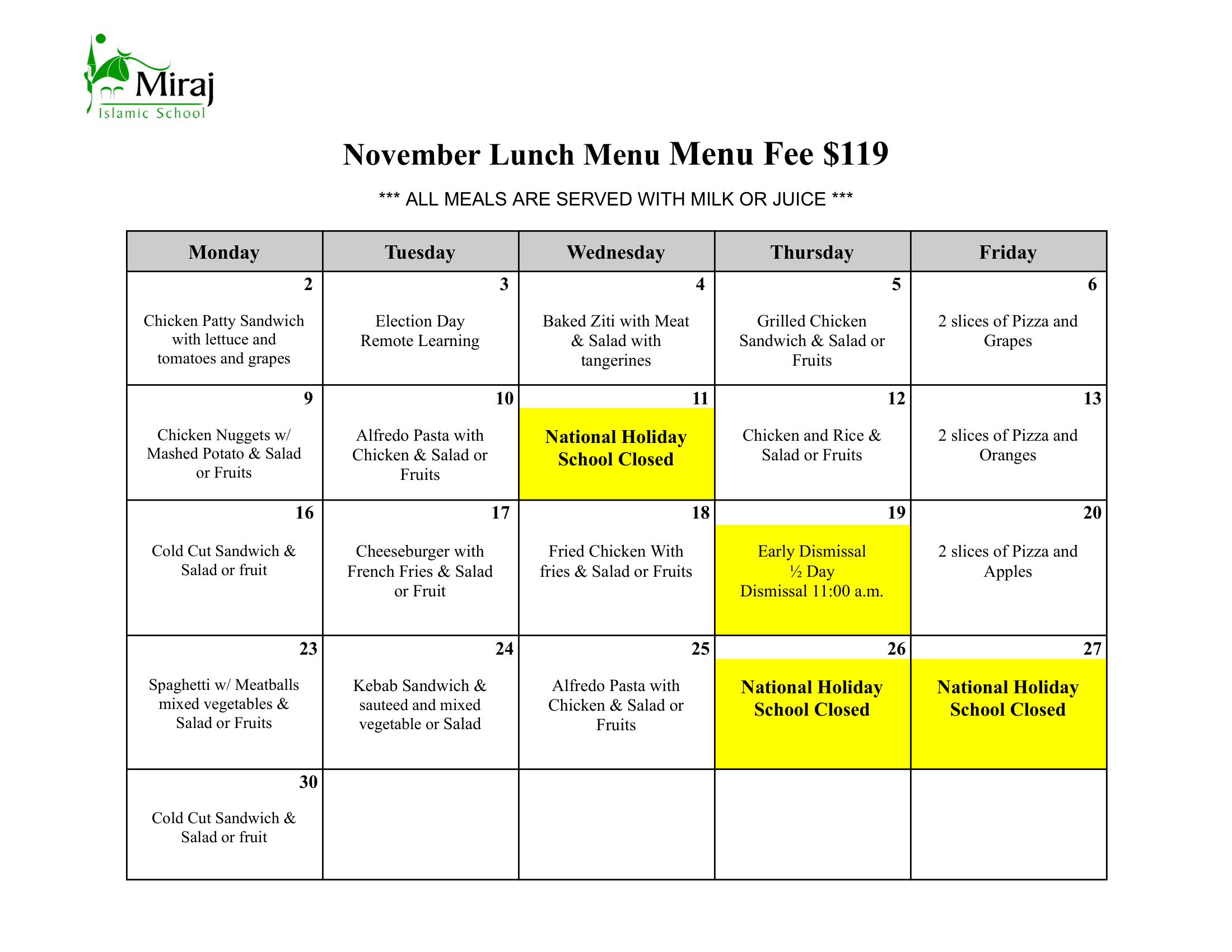November Lunch Menu