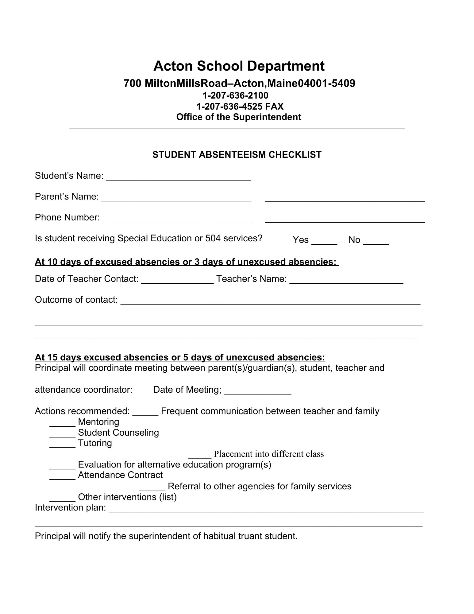 page one of absenteeism checklist