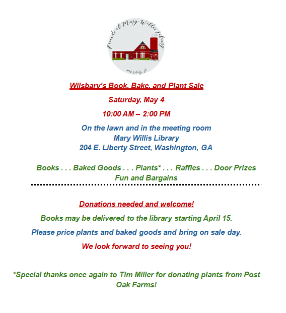 Wilsbary's Book, Bake, & Plant Sale, Saturday, May 4, 10 am to 2 pm