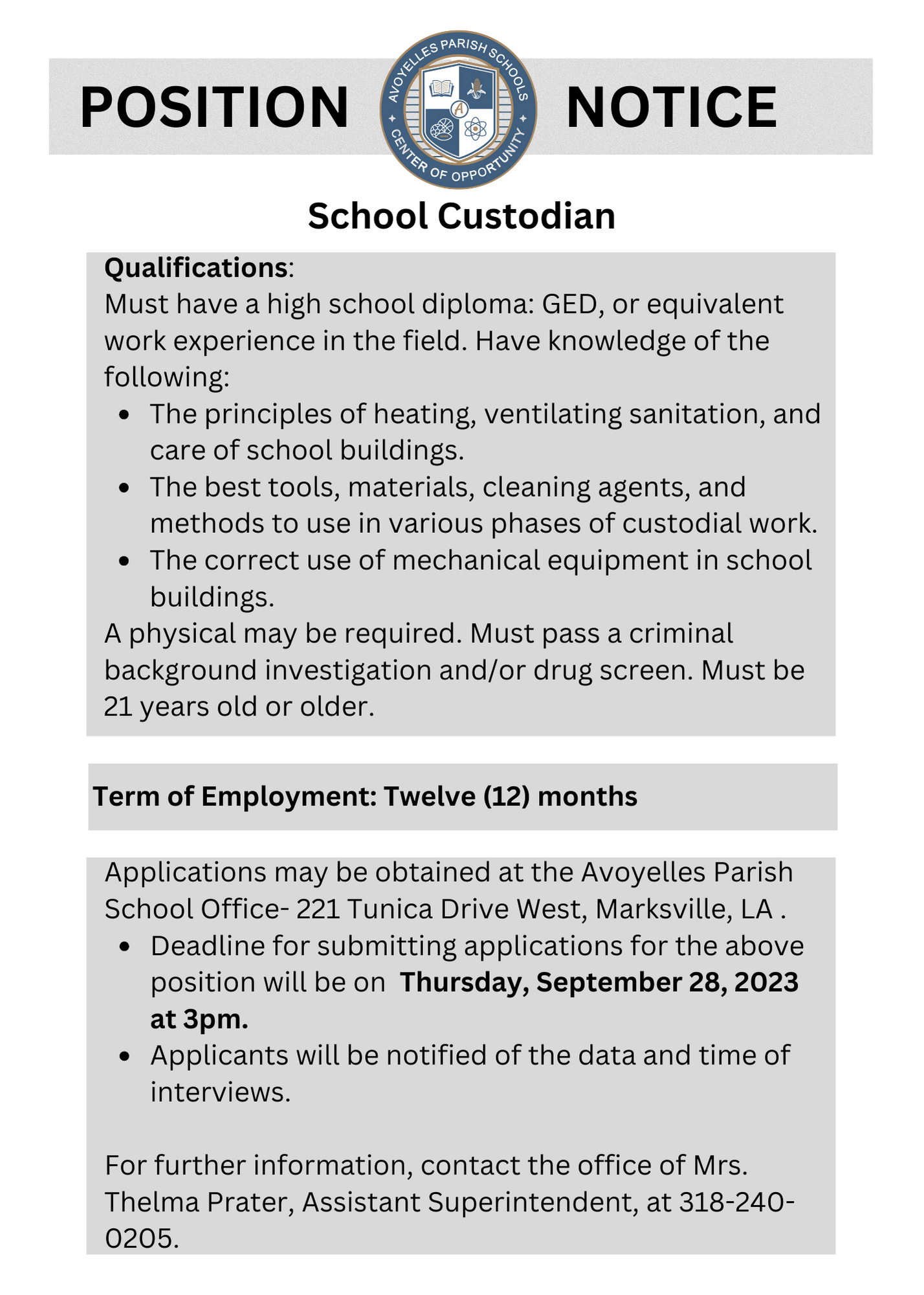 School Custodian Job Vacancy