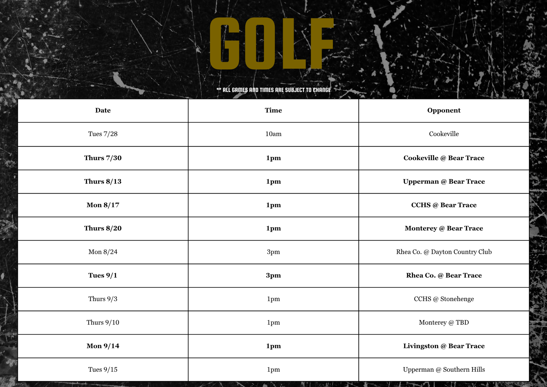 F26 Golf Schedule
