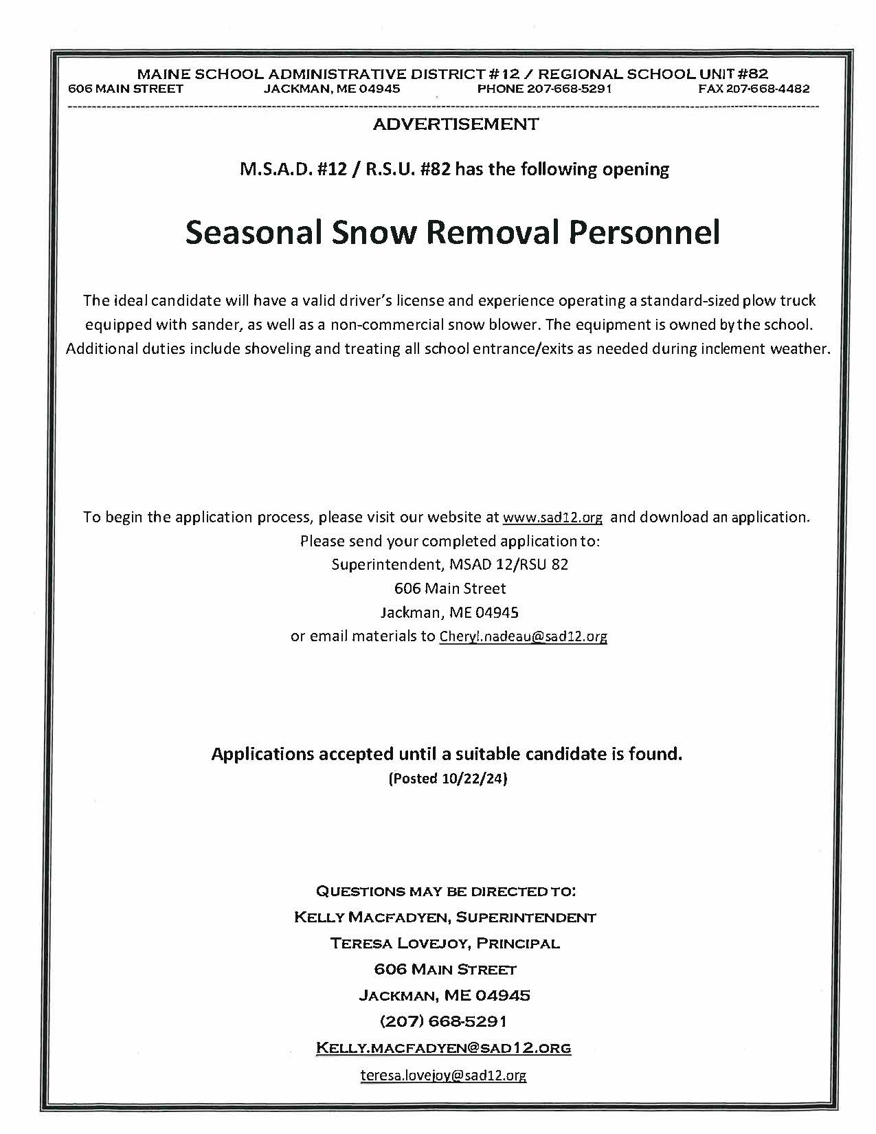 seasonal snow removal personnel ad