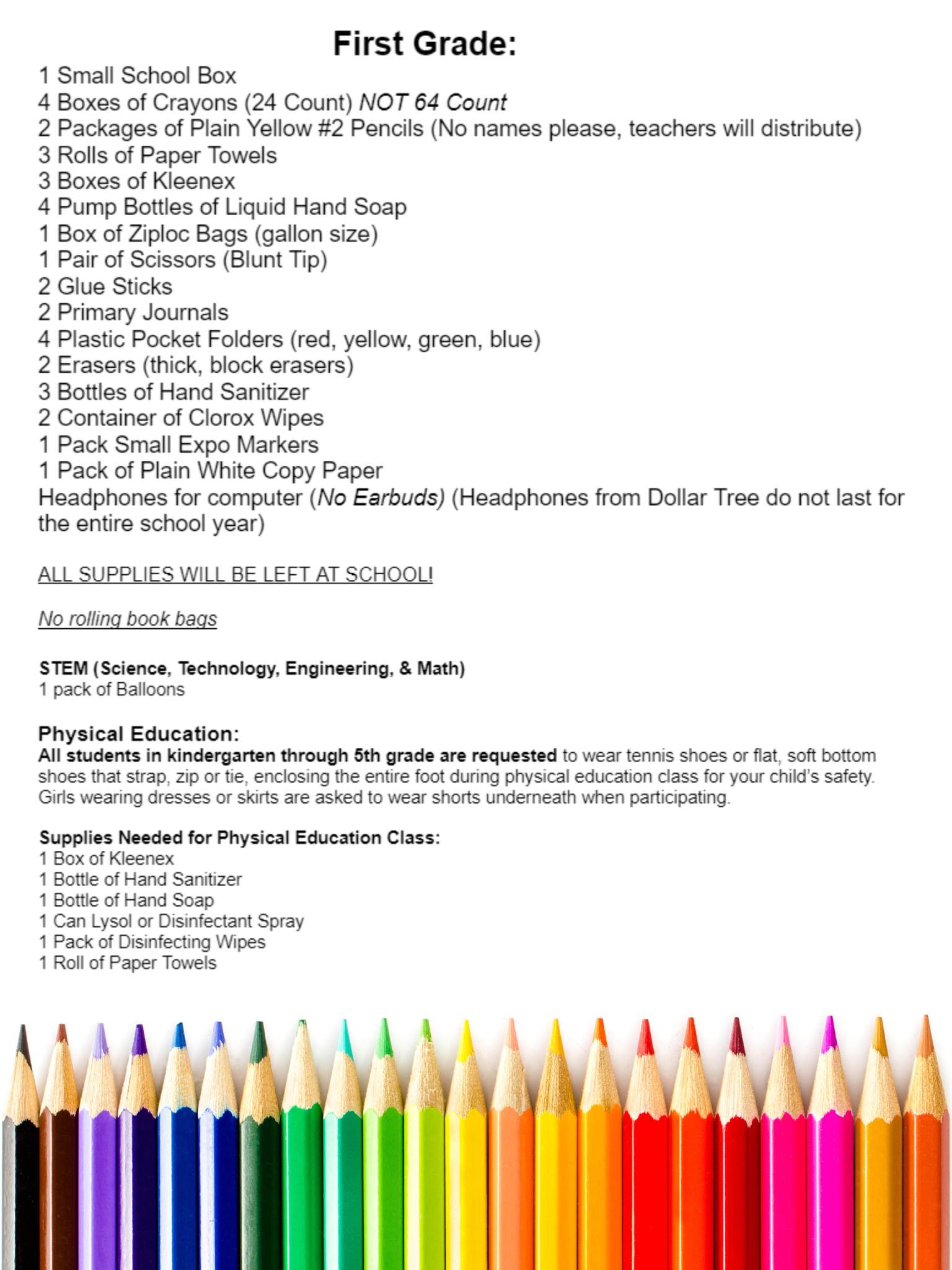 School Supply List 1st Grade