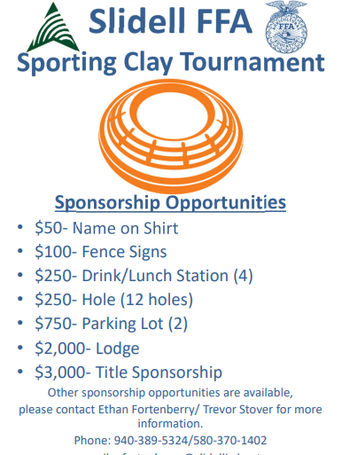 📅Save the Date!📅  Slidell FFA is hosting their annual Sporting Clay Tournament on April 5! If you are interested in participating or sponsoring, please contact Mr. Stover or Mr. Fortenberry. 