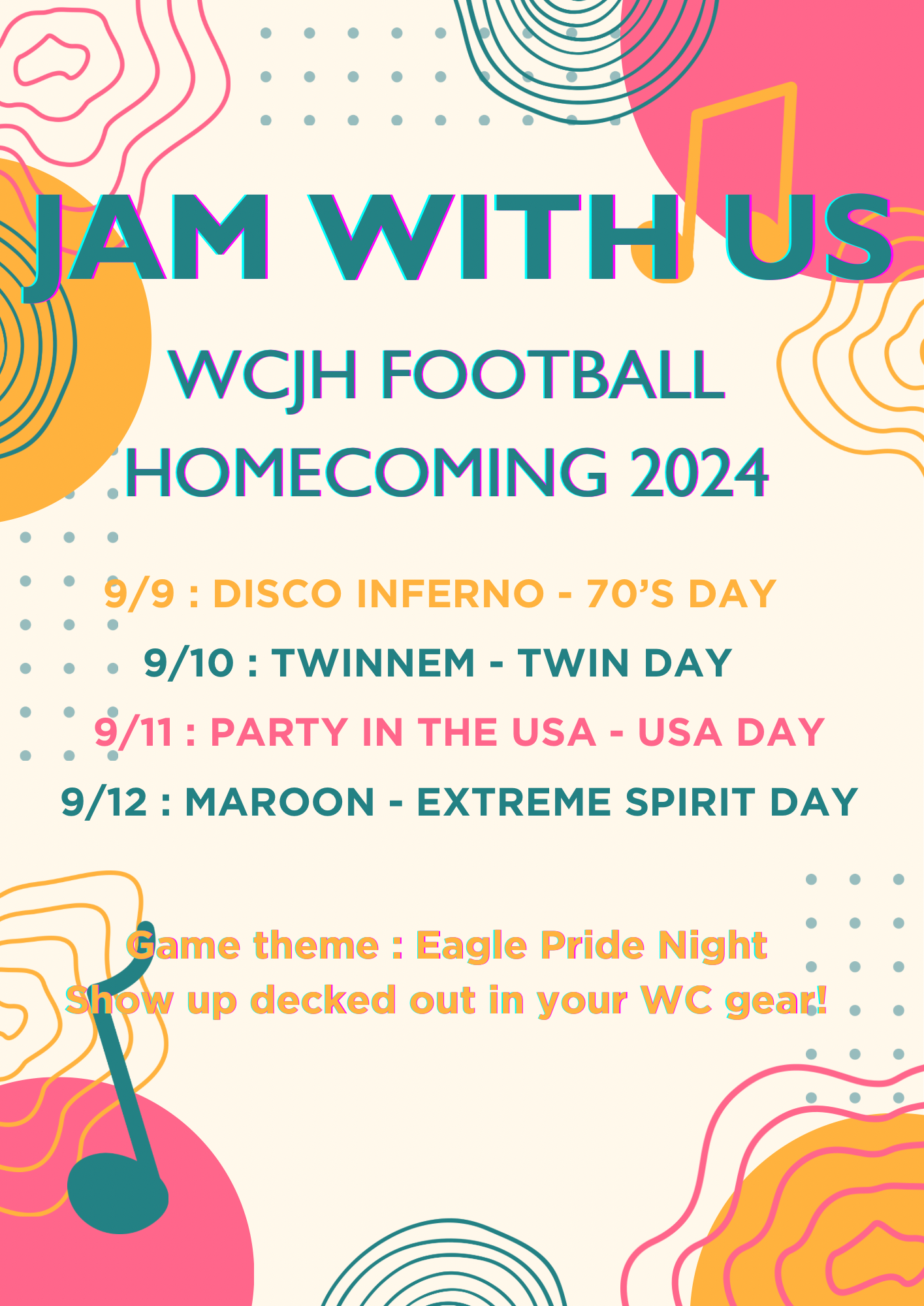 WCJHS Spirit Day Schedule for week of 9/9/2024