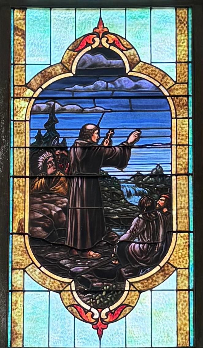 Stained Glass window Fr. Hennepin blessing St. Anthony Falls