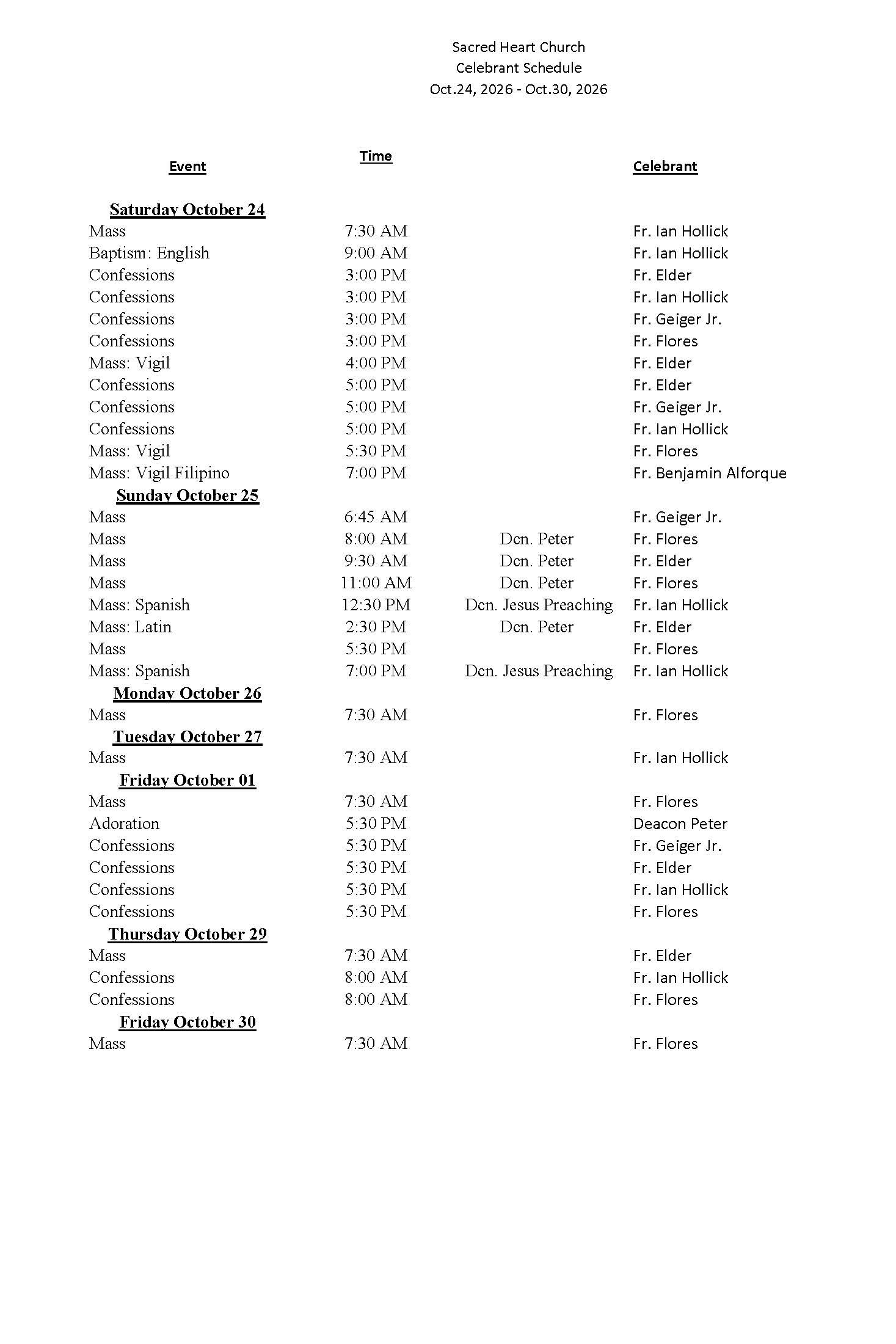 celebrant schedule