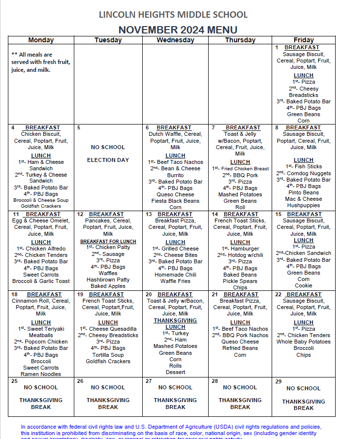 November lunch menu