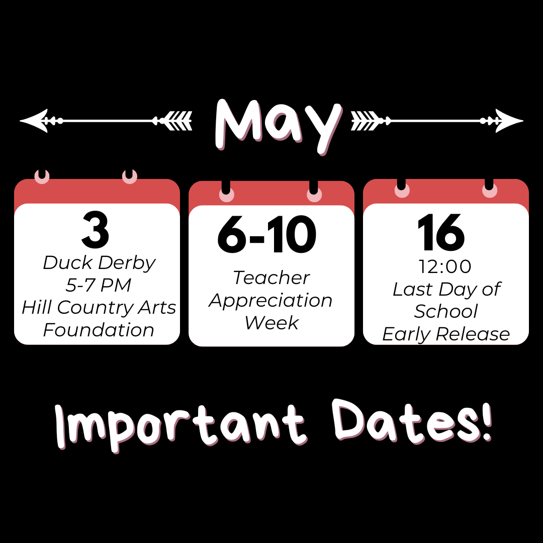 May 2 - Little Olympics May 3 - Duck Derby 5-7 May 6-10 - Teacher Appreciation Week May 7 - Incoming 6th Parent Night @ IMS Cafeteria 6-7 May 10 - Final IPI (2nd & 3rd) May 13 - Final IPI (K & 1st) May 14 - Final IPI (4th & 5th) May 14 - PreK 4 Graduation @ 9:15 May 14 - Kinder Walk @ 1:30 May 15 - Senior Walk @ 8:00 May 15 - Perfect Attendance Field Trip  May 15 - PreK Field Day May 16 - 5th Promotion Parade @ 9:15 / Last Day of School (early release)