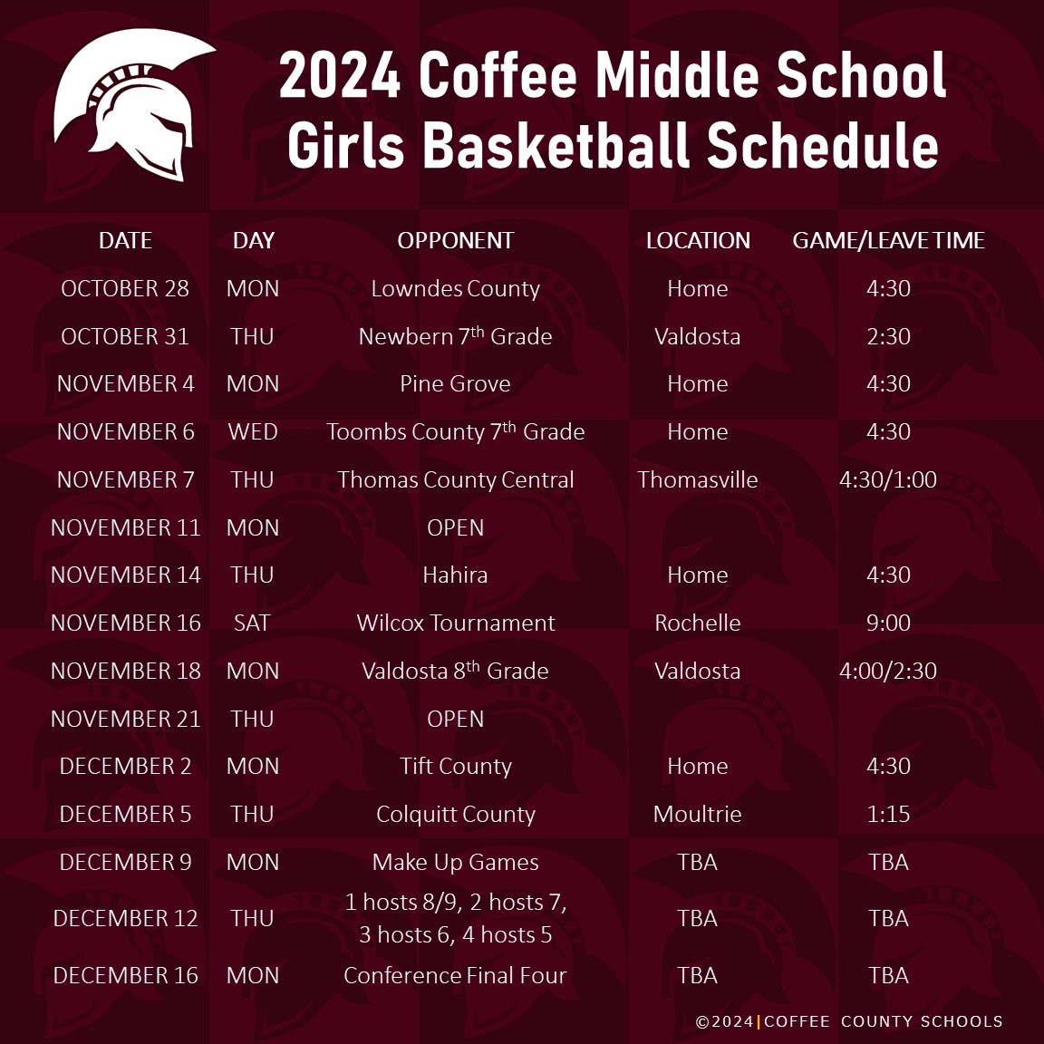 2024 Coffee Middle School Girls Basketball Schedule