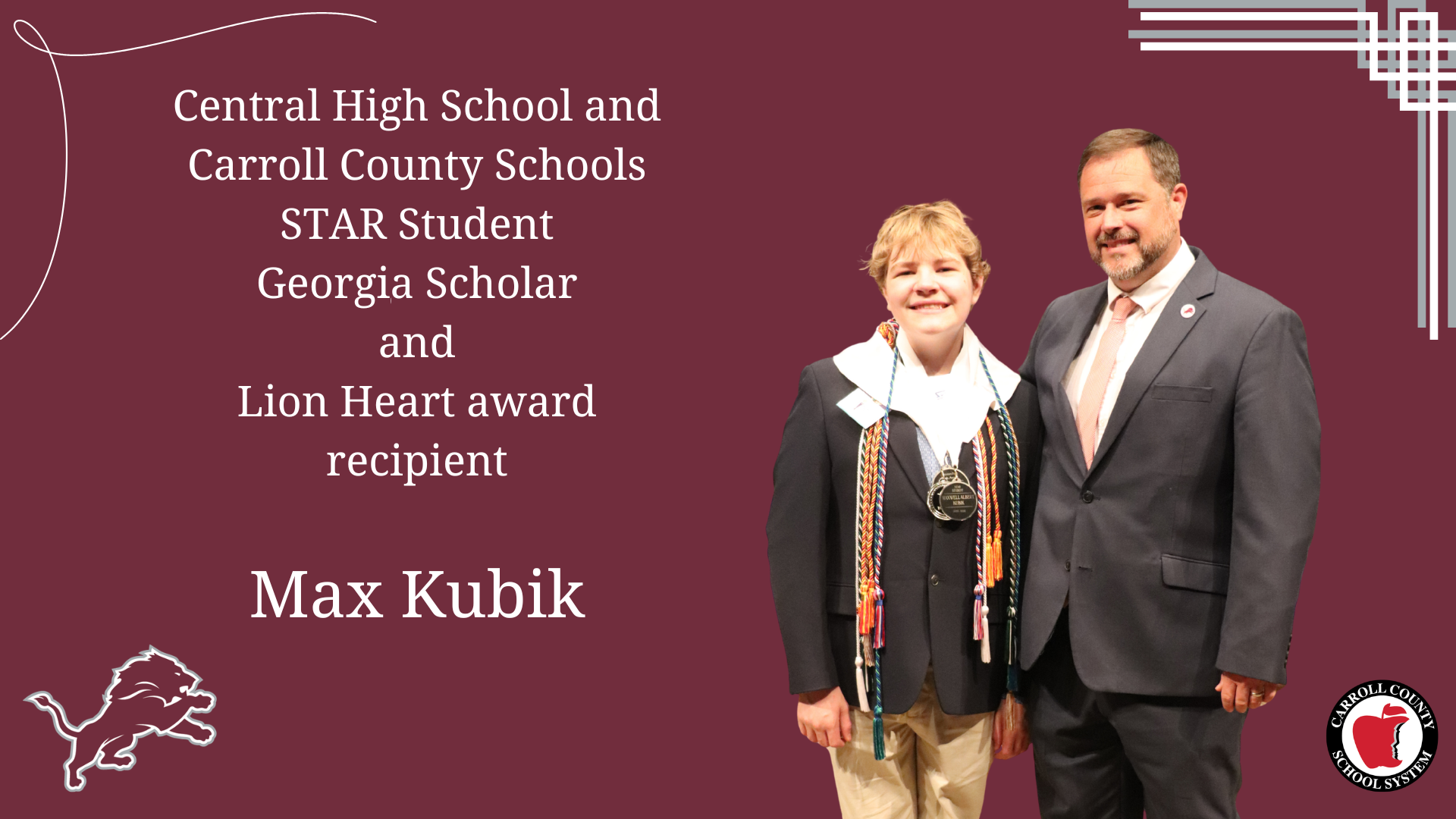 Max Kubik is STAR student for central high school carroll county schools georgia scholar and lion heart recipient