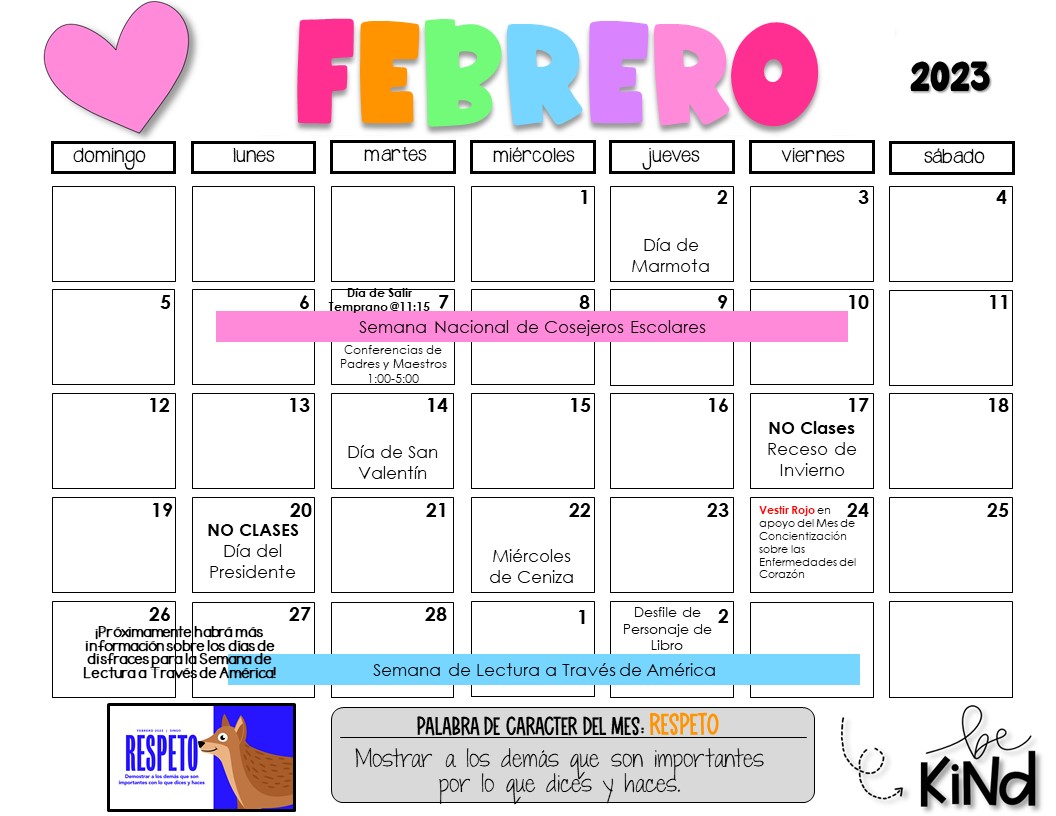 FEBRUARY CALENDAR (SPANISH)