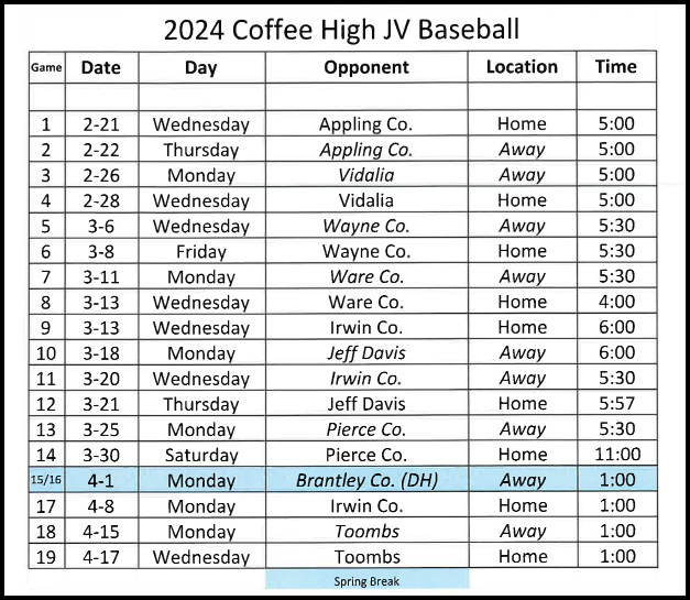 2024 CHS JV Baseball Schedule