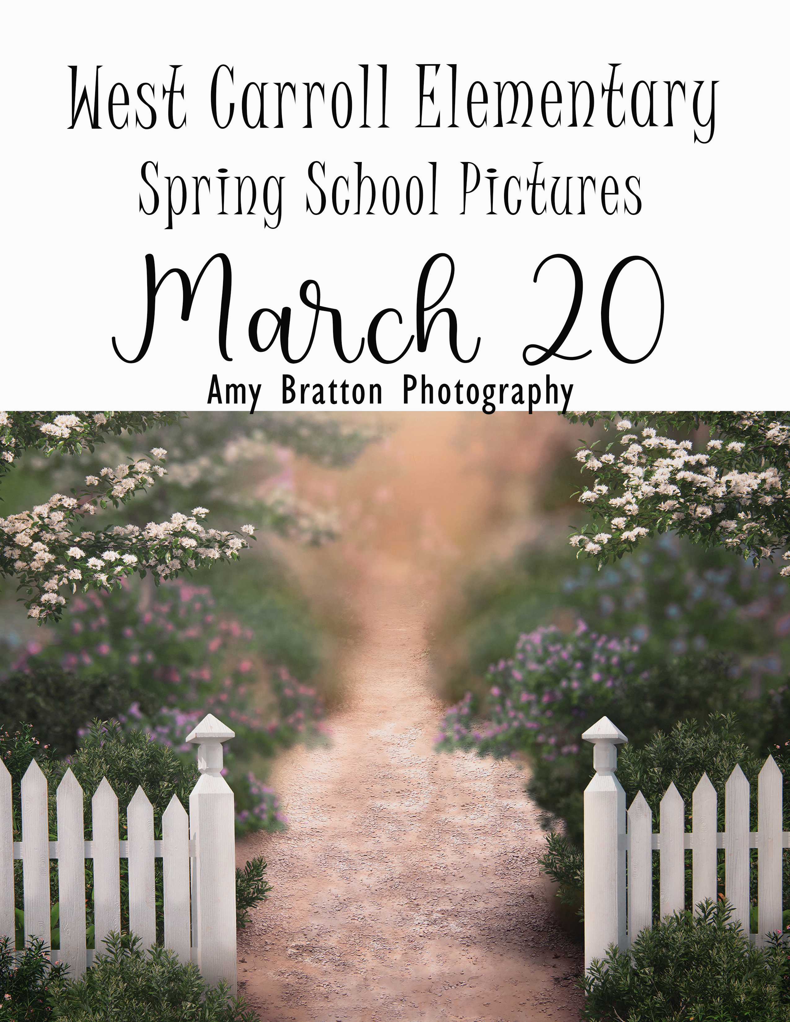 image of field with white picket fence, announcing March 20th Spring Photos at WCES, taken by Amy Bratton