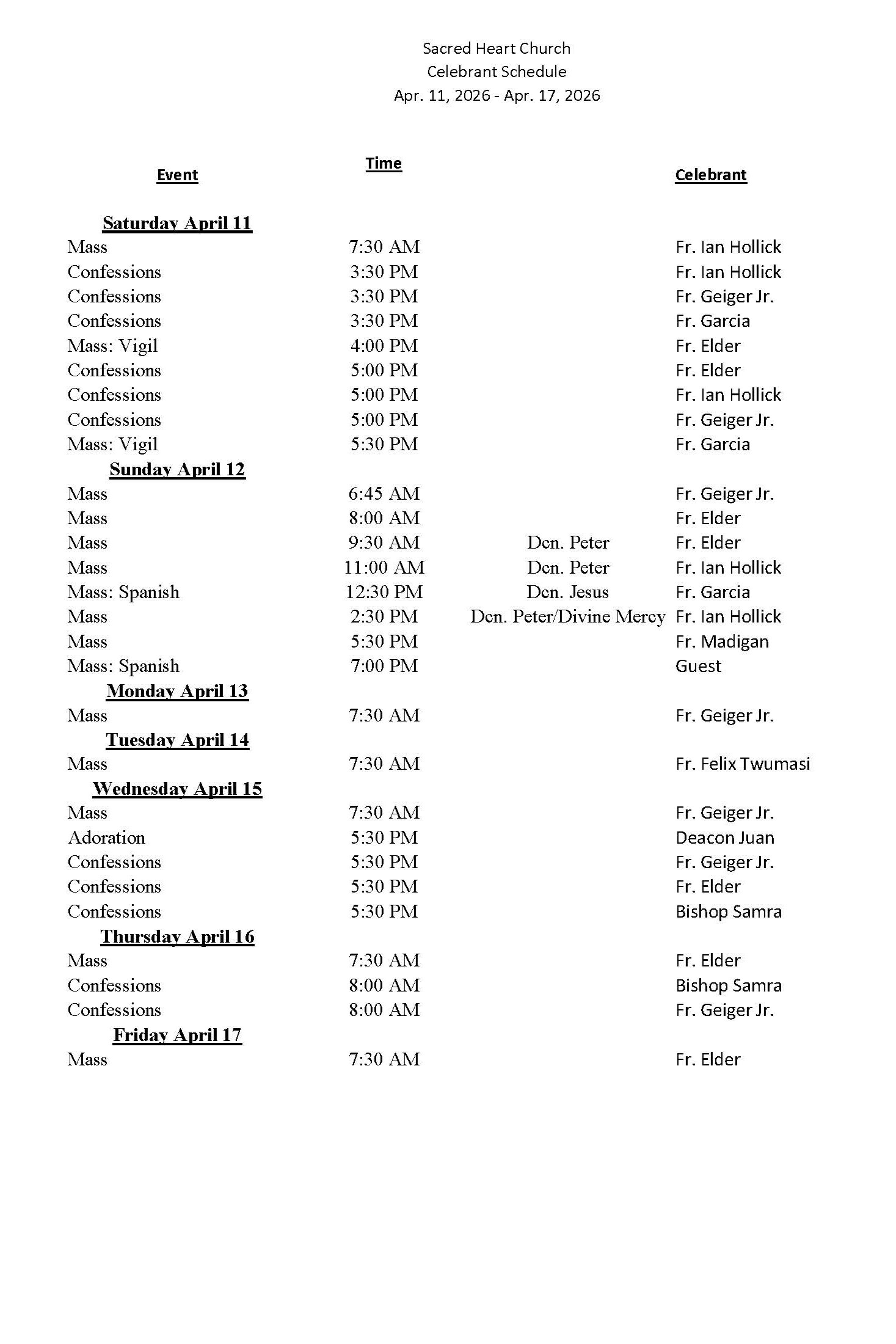 celebrant schedule