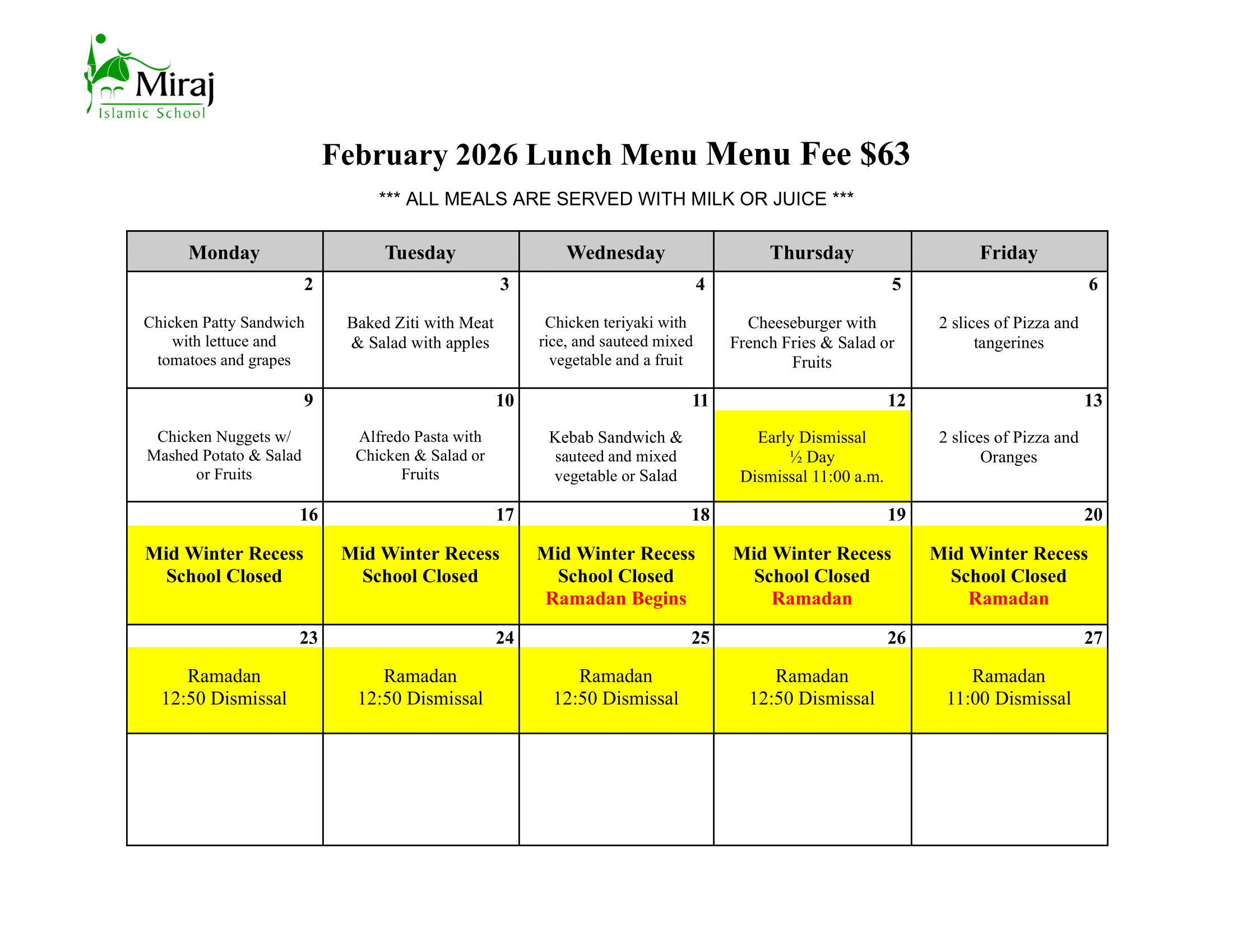 February Lunch Menu February Lunch Menu