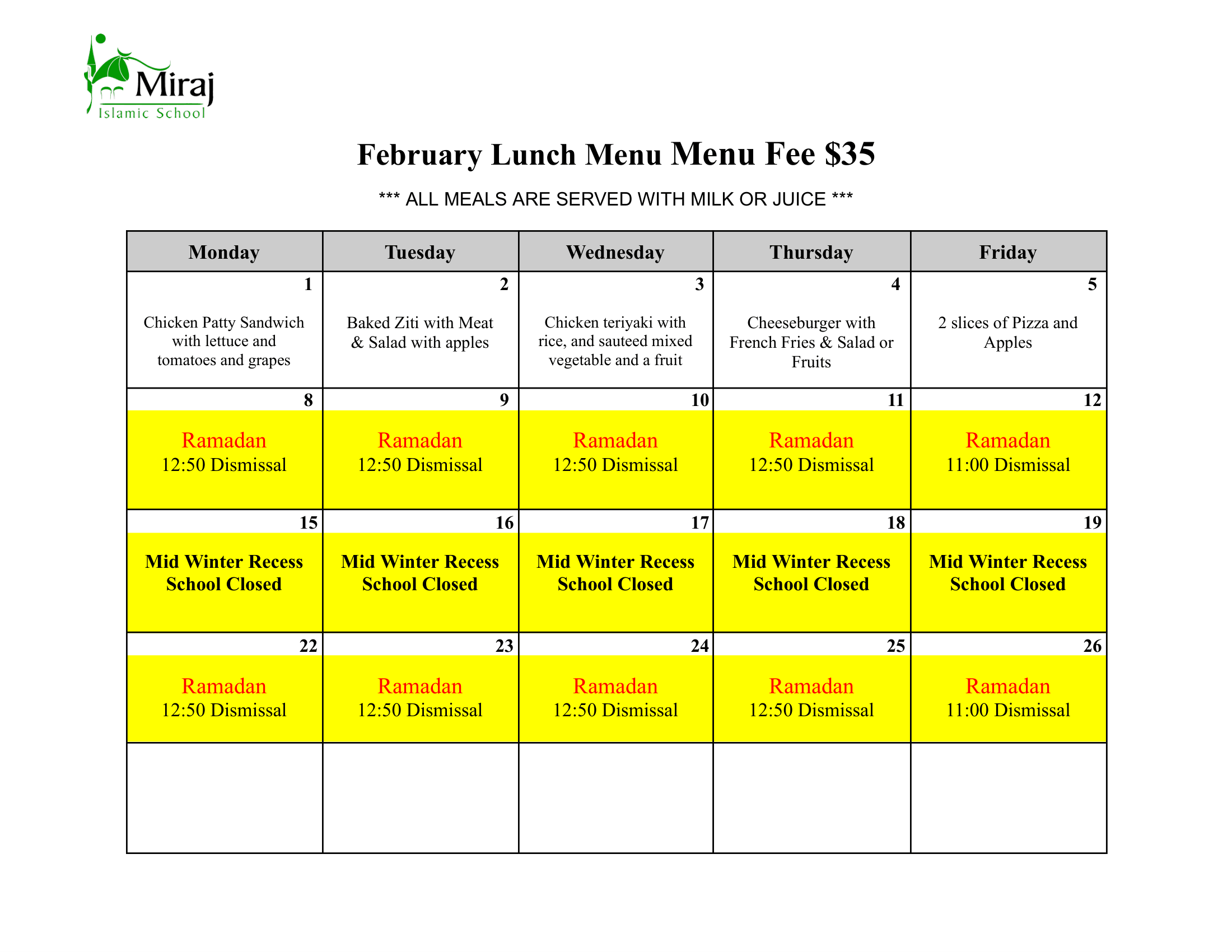 February Lunch Menu