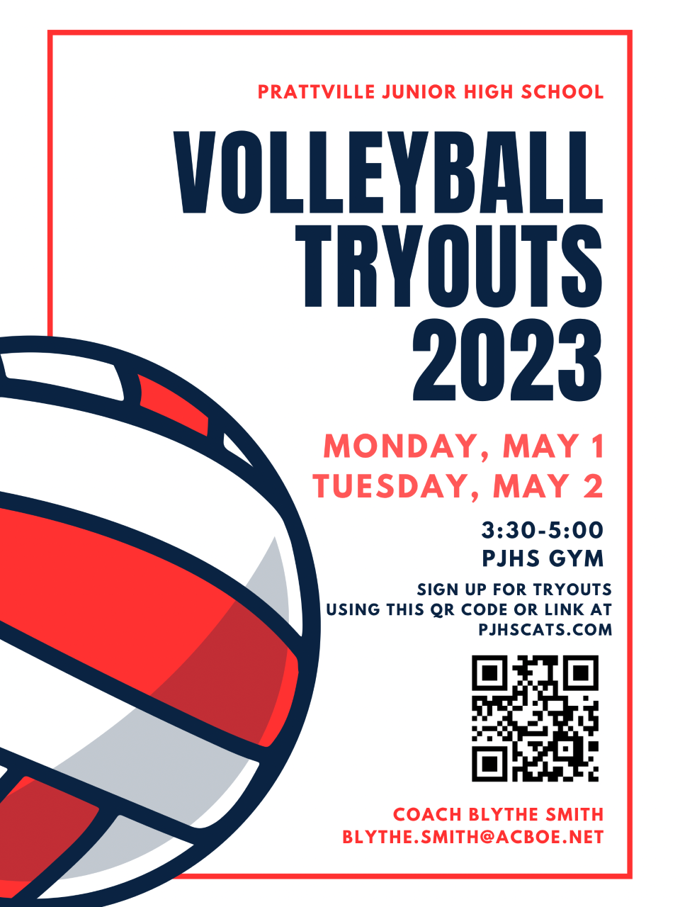 Parttville Jr high School Volleyball tryouts 2023 Monday May1st Tuesday May 2nd 3:30-5:00 PJHS GYM Sign up for tryouts using this QR code or link at pjhscats,com Coach Blythe Smith blythe.smith@acboe.net