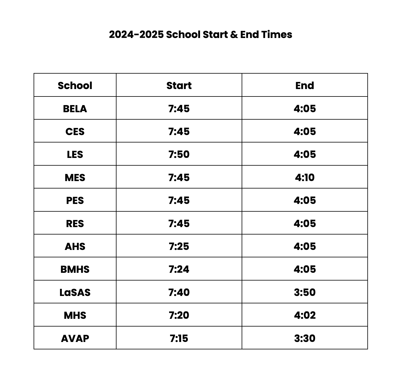 School Start & Dismissal Times