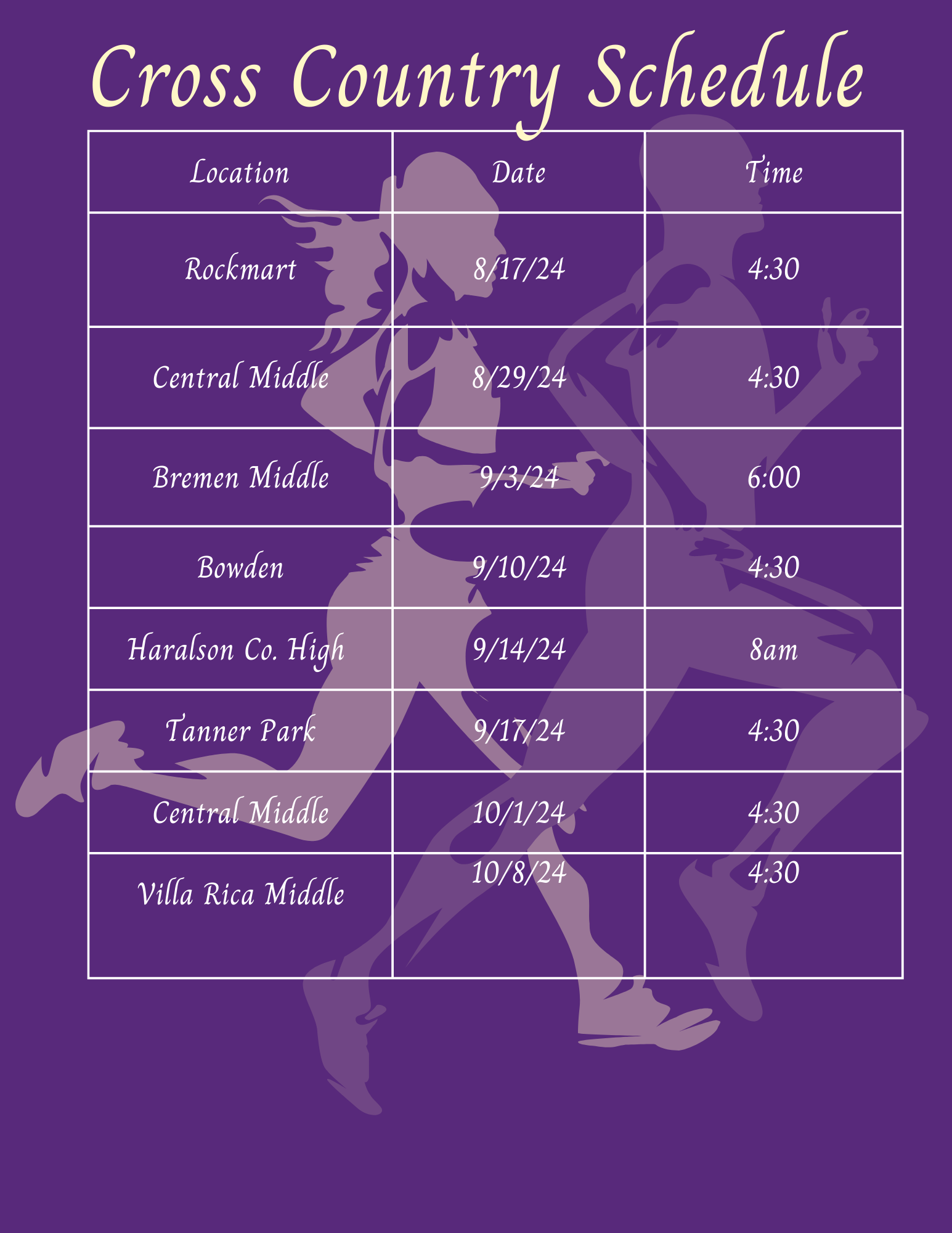 Cross Country Schedule