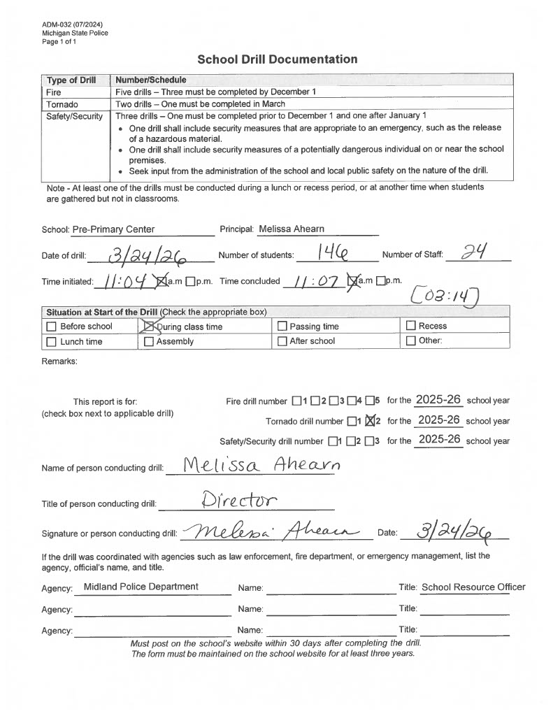 Form for Carpenter Pre-Primary tornado fire drill of 2025-2026