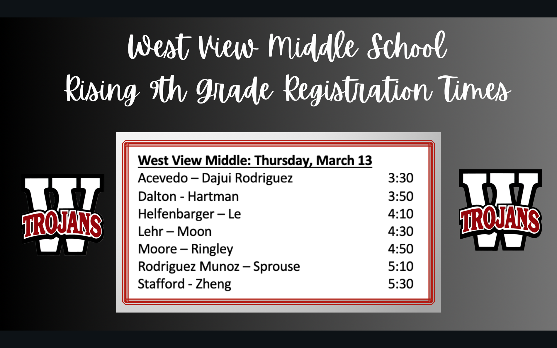 West View registration is Thur. 3/13 in West High Cafeteria after school.