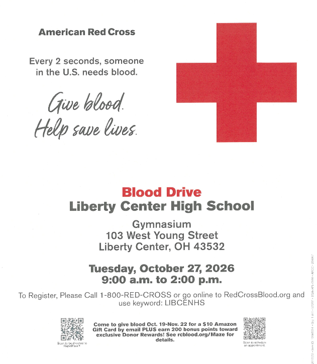 There will be a blood drive on Tuesday, October 27, 2026 from 9:00am to 2:00pm in the Varsity Gym.     Sign up at this link:  https://www.redcrossblood.org/give.html/donation-time?zipSponsor=LIBCENHS&driveType=all