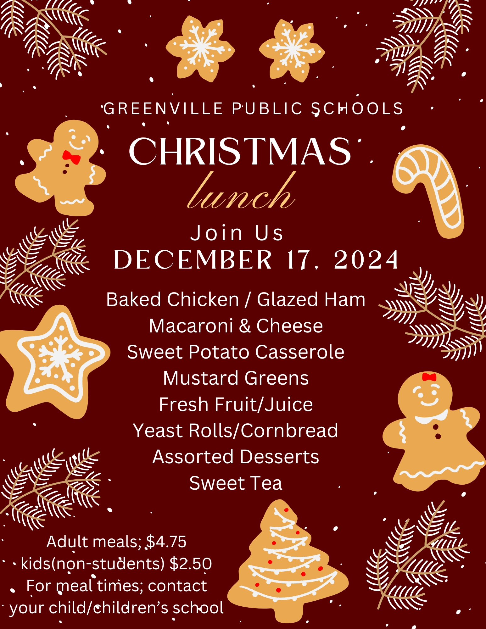 GREENVILLE PUBLIC SCHOOLS Christmas lunch invitation for Dec. 17, 2024