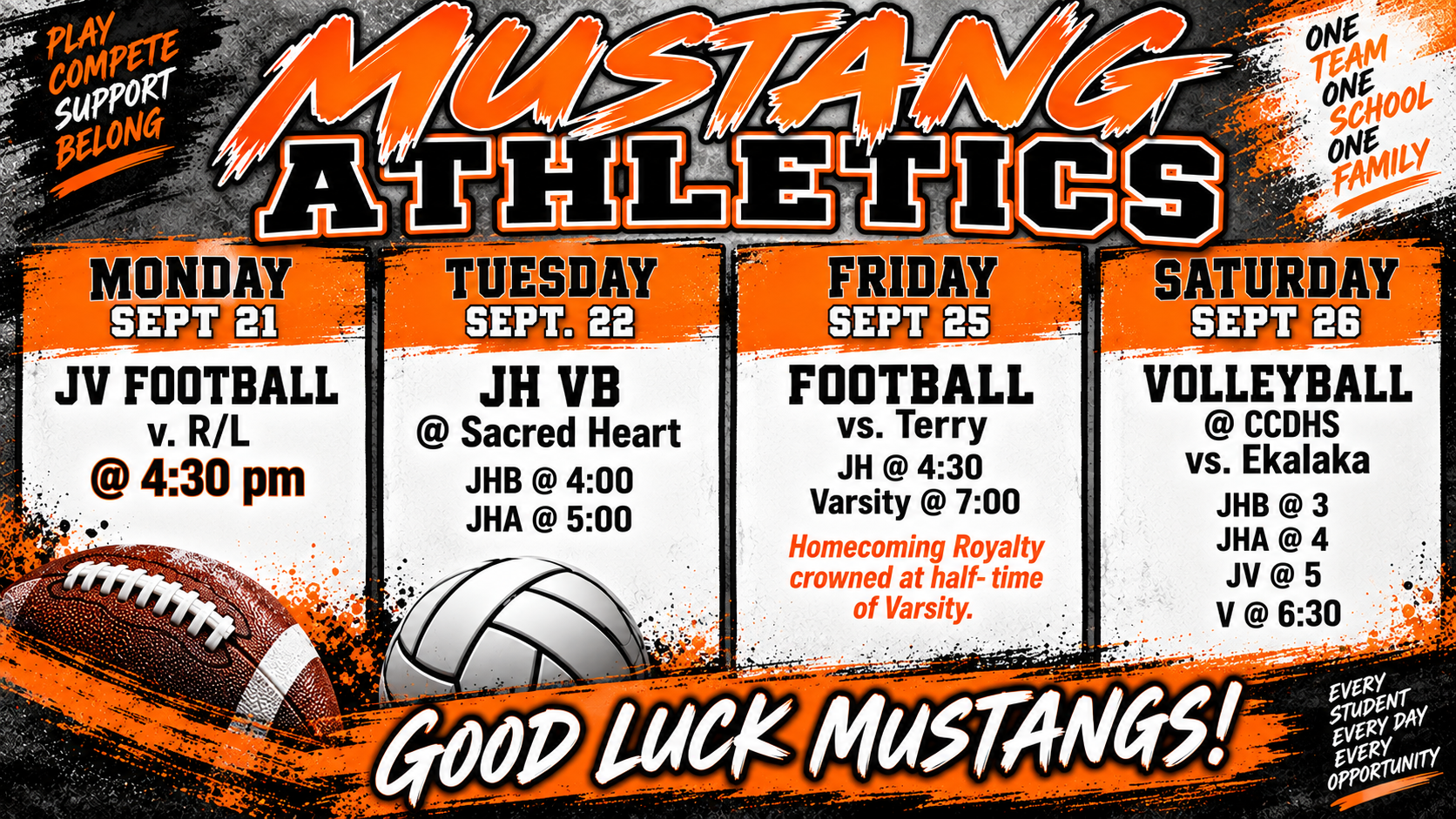 Mustang Athletics Monday Sept 21 JV Football v. R/L @ 4:30 pm Tuesday Sept. 22 JH VB @ Sacred Heart JHB @ 4 and JHA @ 5 Friday Sept 25 Foorball vs. Terry JH @ 430 Varsity @ 7 Homecoming royalty crowned at half-time of Varsity Satruday Sept 26 Volleyball @ CCDHS vs. Ekalalka JHB @3 JHA @ 4 JV @ 5 V @ 6:30 Good Luck Mustangs!