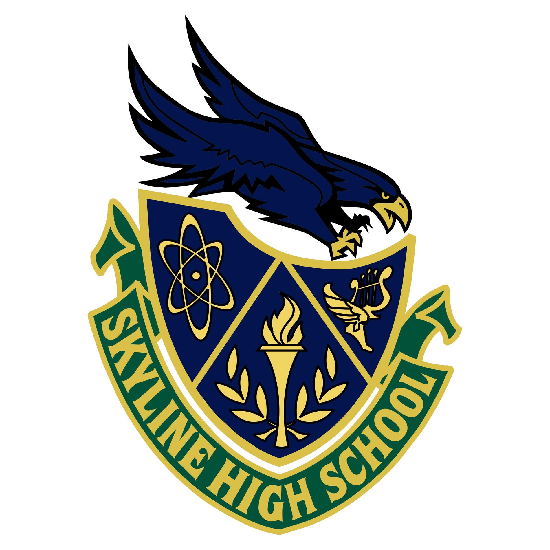 The Skyline HS Crest: A stylized hawk surmounting a shield, emblazoned with the traditional symbols of public education