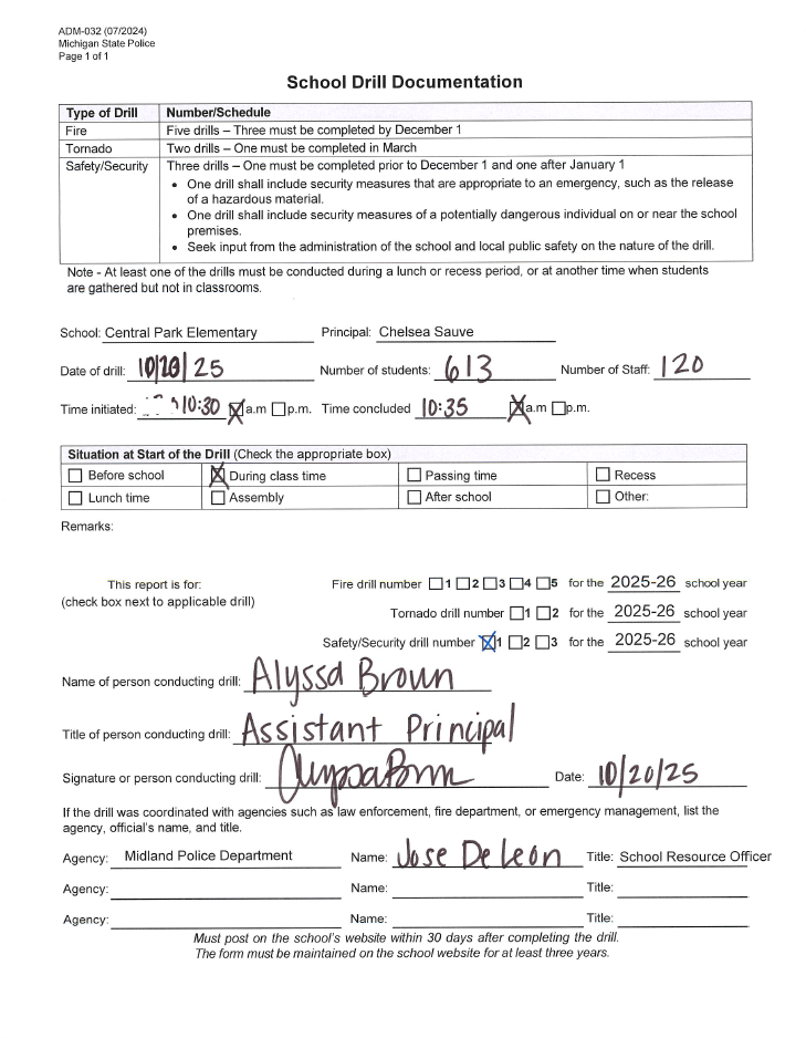 Form for Central Elementary's first safety drill of 2025-2026