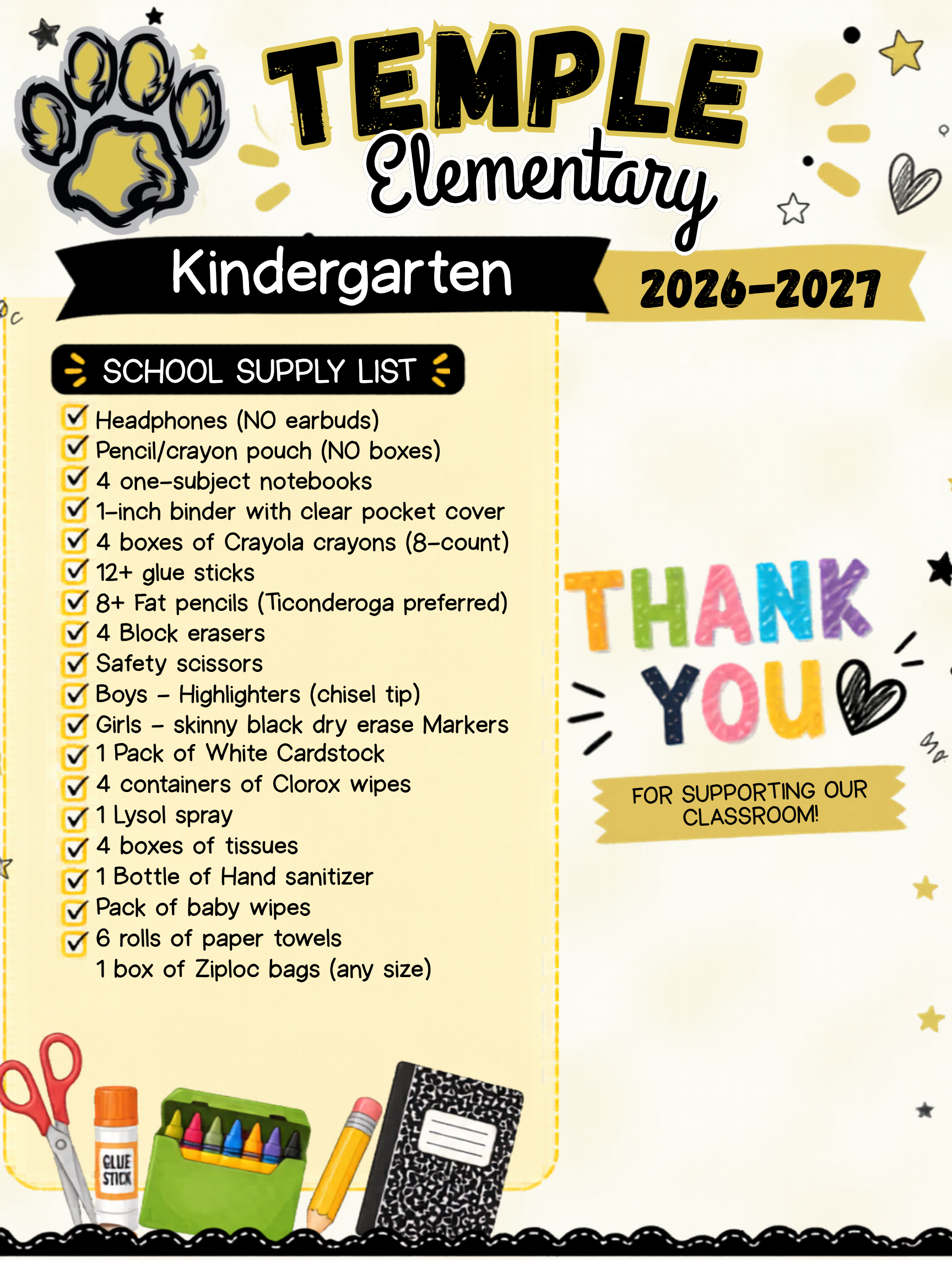 Kindergarten Supply List 26-27 Kindergarten Supply List 26-27