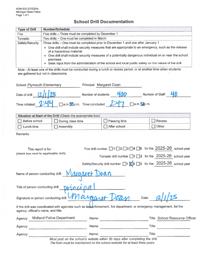 Form for Plymouth Middle School's second safety drill of 2025-2026
