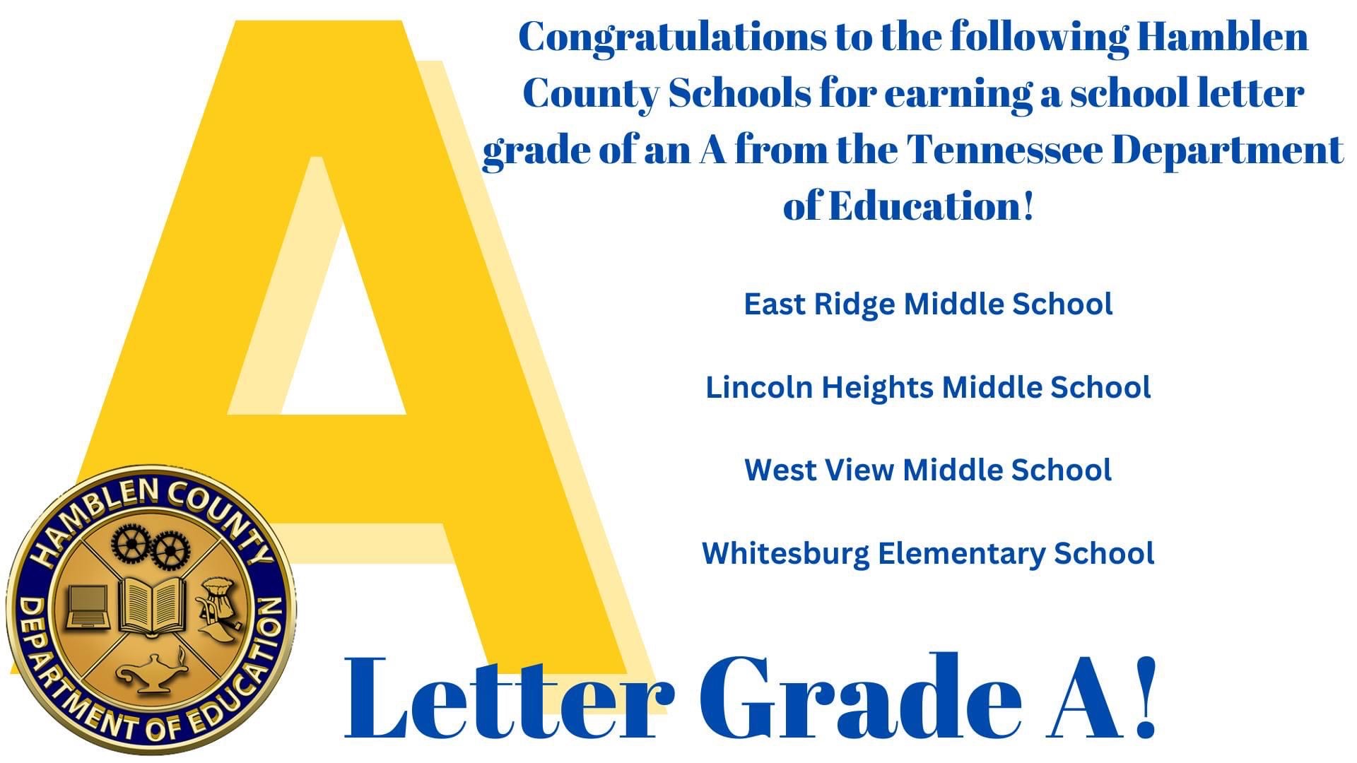 Congratulations to the following Hamblen County Schools for earning a school letter grade of an A from the Tennessee Department of Educaiton!  East Ridge Middle School  Lincoln Heights Middle School  West View Middle School  Whitesburg Elementary School  Letter Grade A!