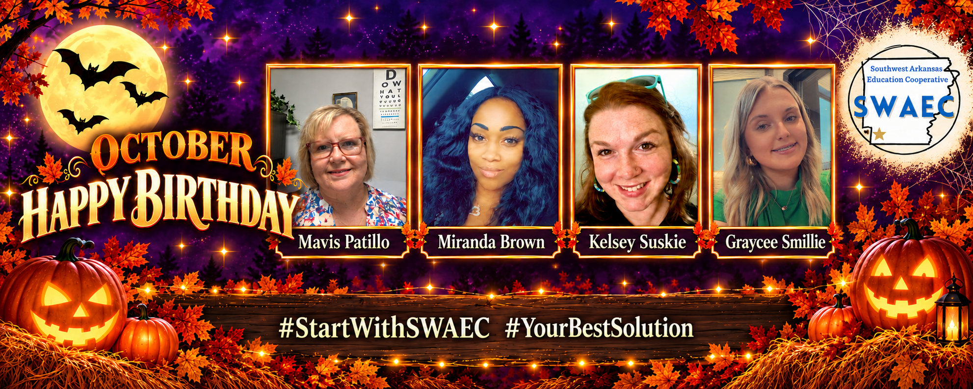 **Alt text (WCAG 2.1 AA compliant):**  Green birthday graphic reading “Happy Birthday.” Decorative shamrocks, gold coins, and a pot of gold appear around three staff photos labeled: Hannah Ward, Jenny Smead, and Jamaya Parker.