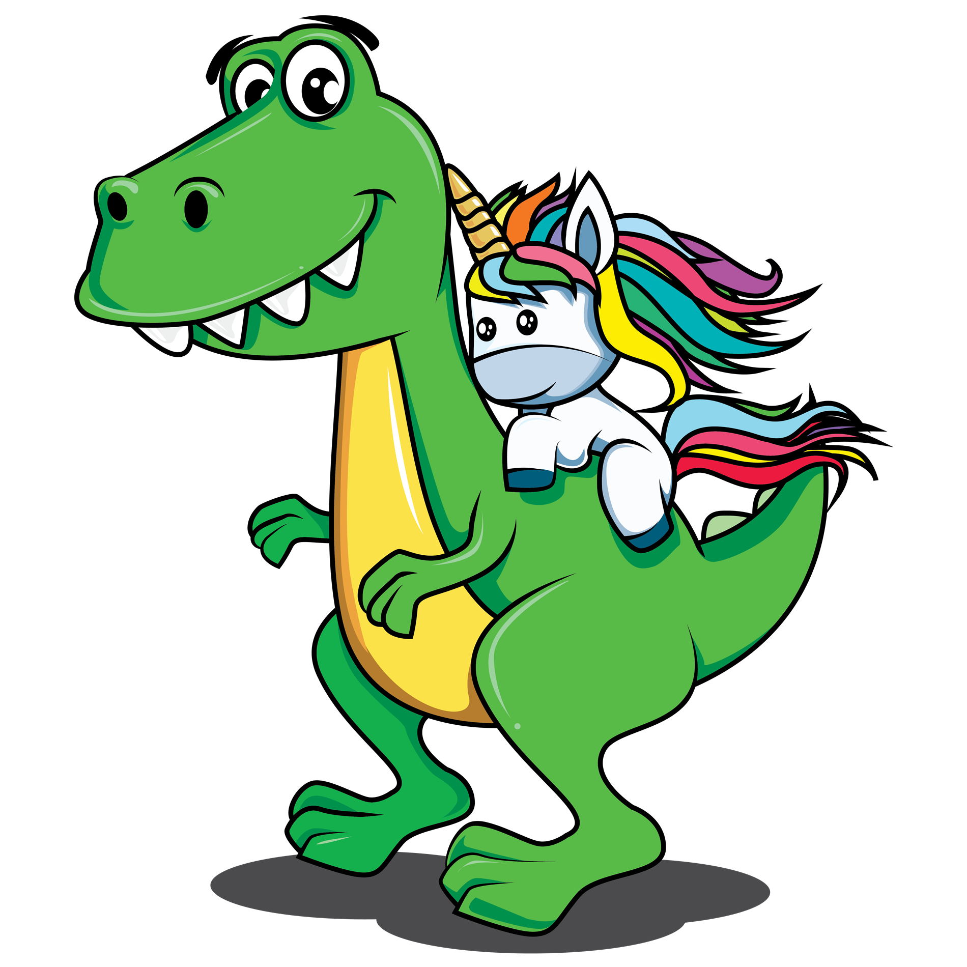 illustrated cartoon image of a cute unicorn riding nice t-rex-type dinosaur 