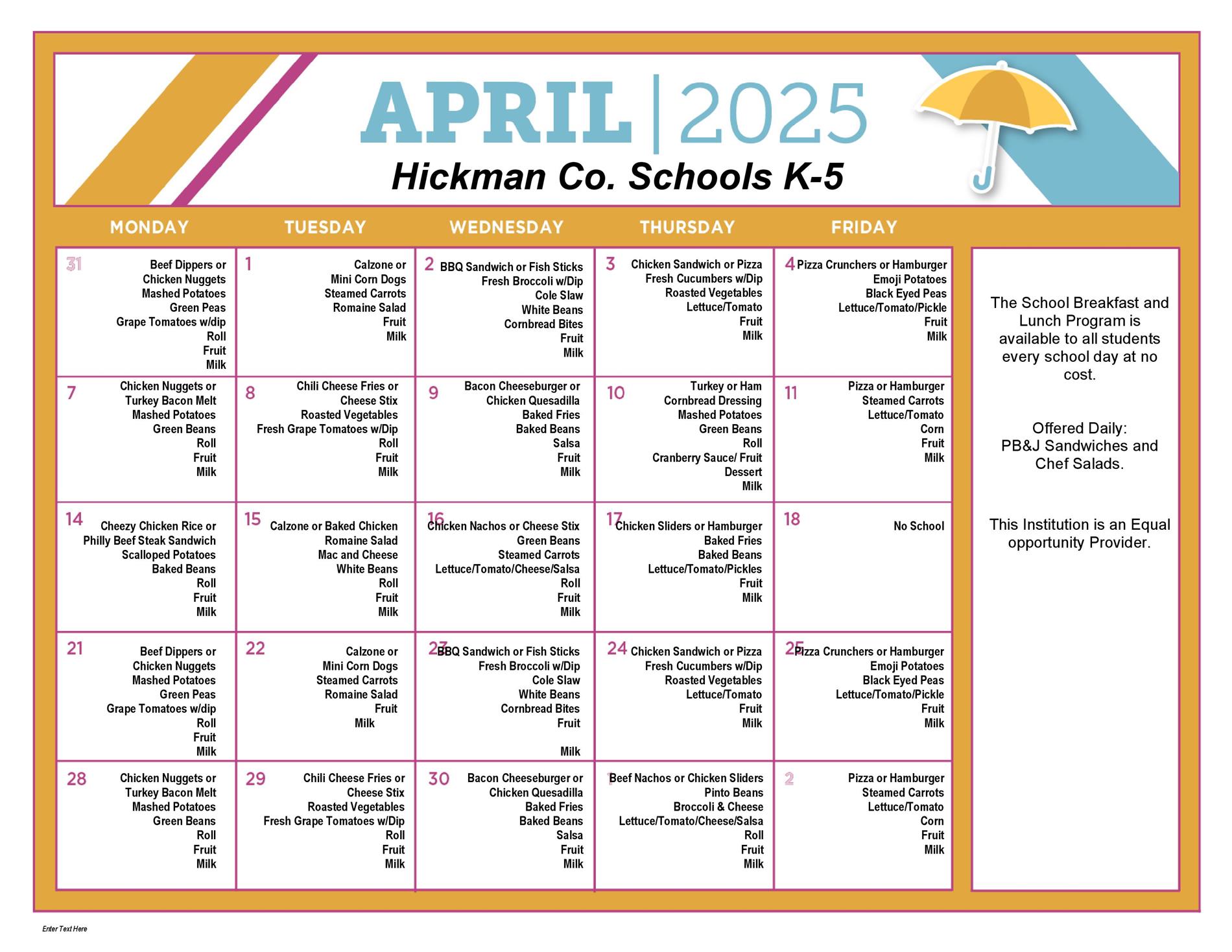 Lunch menus for the elementary & intermediate schools