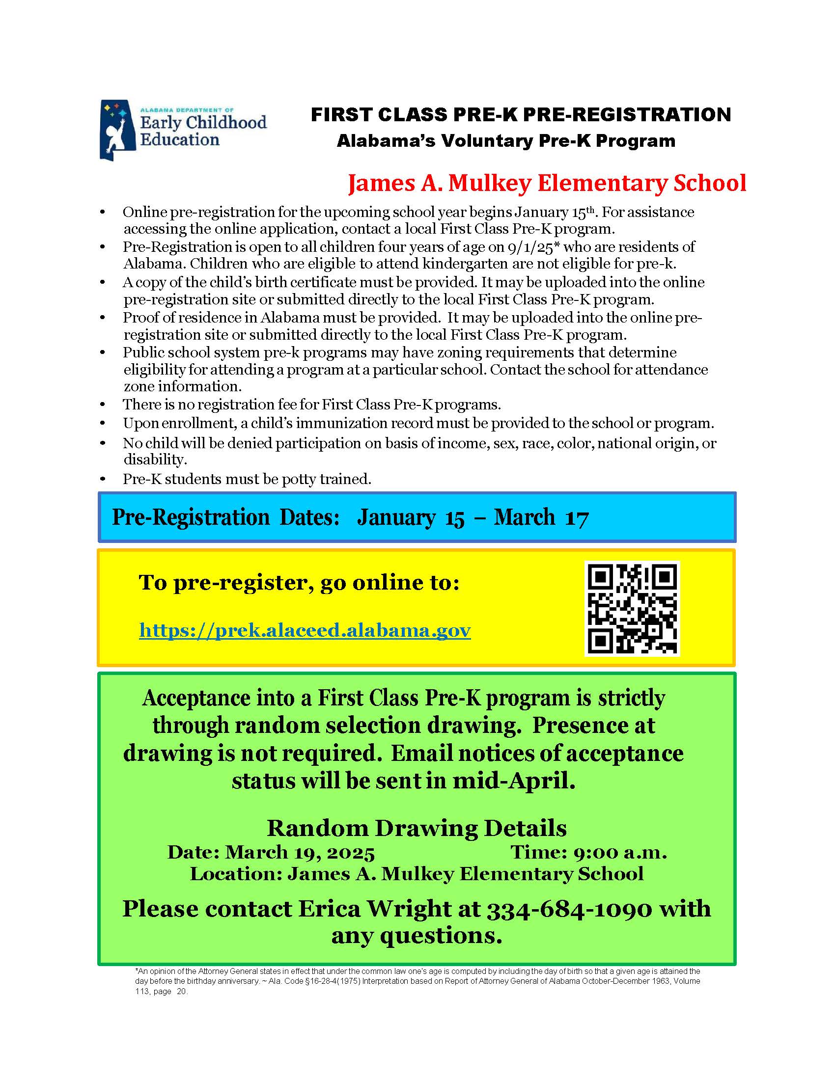 Pre-K Registration Flyer with words and QR code