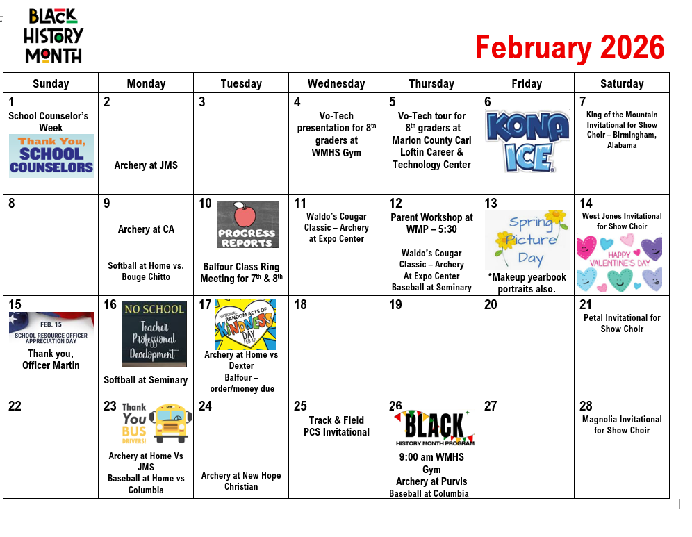 February event 26 calendar