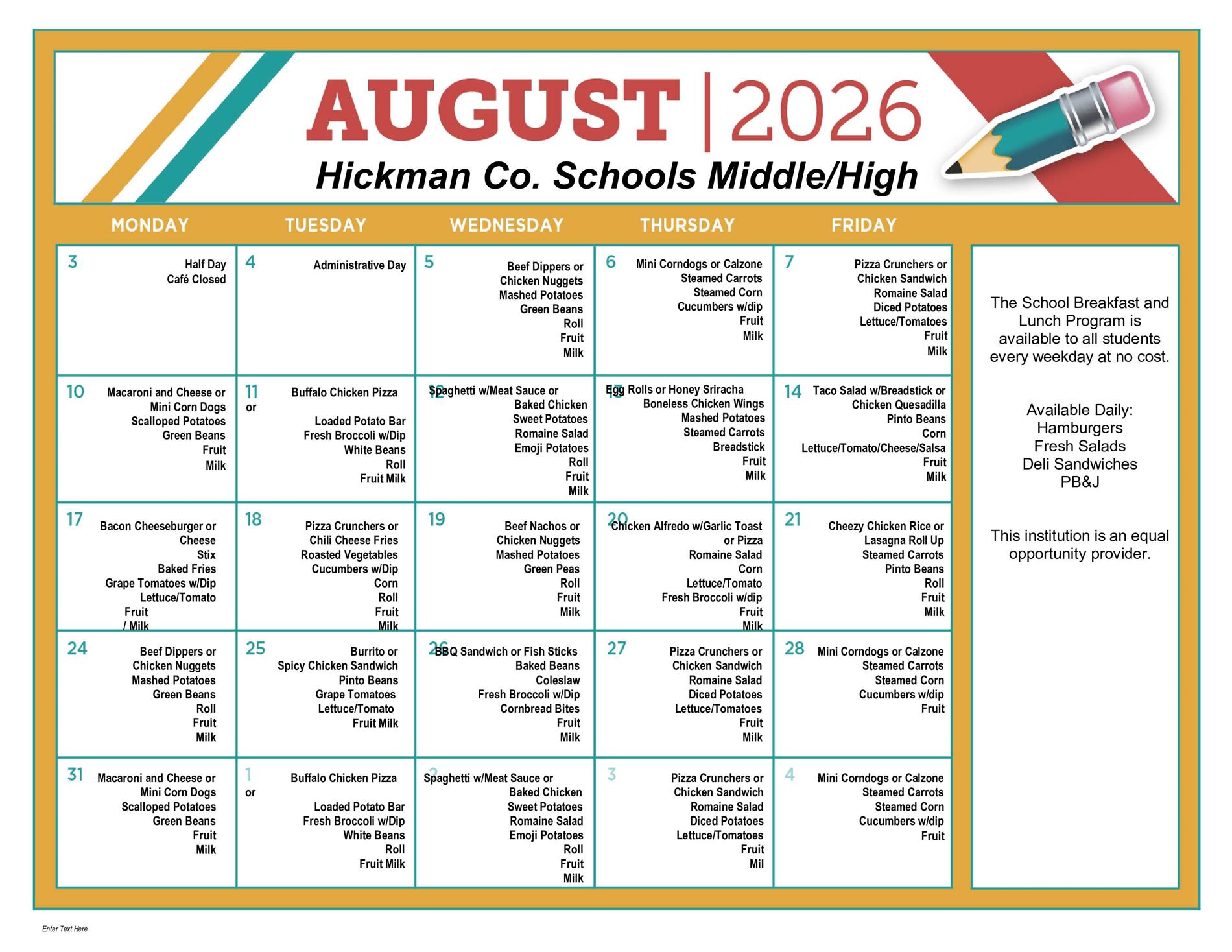 Lunch menus for the middle and high schools